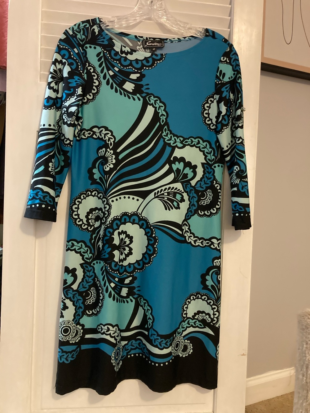 Vintage Teal & Black Midi Dress with Floral Swirl Print